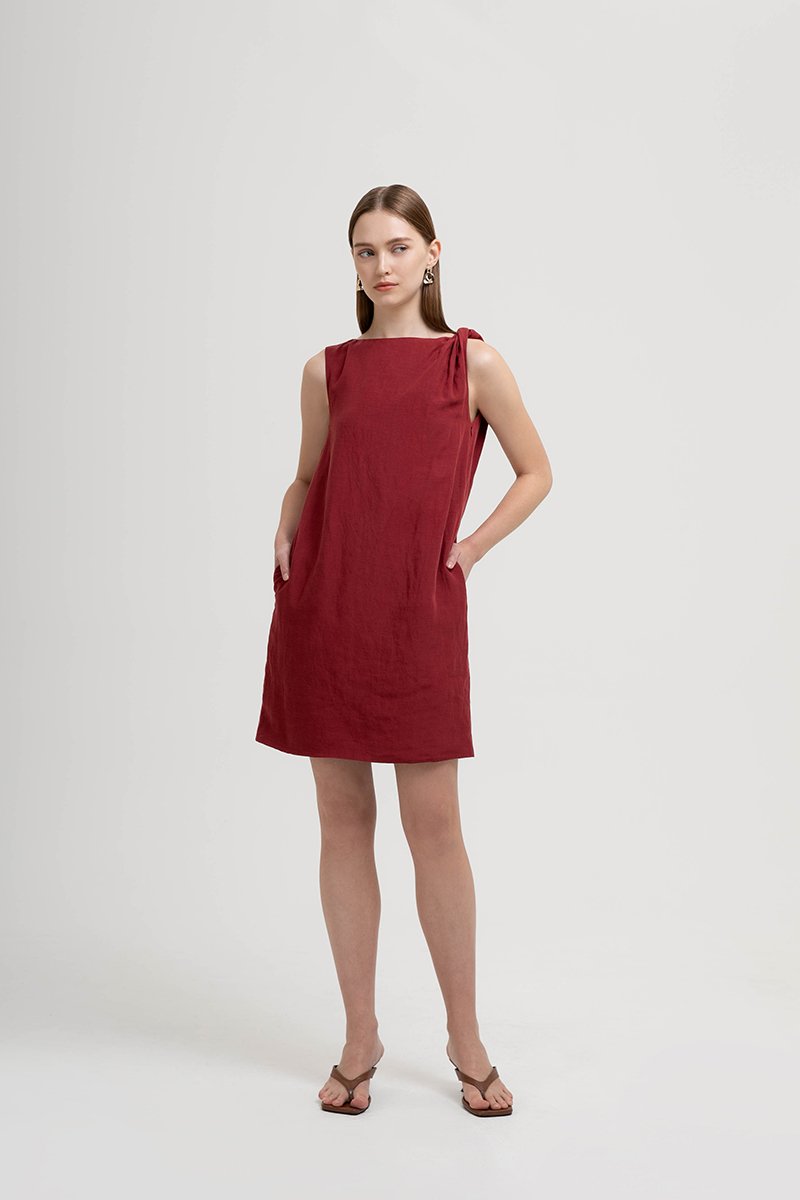 MISCHA TWIST SHOULDER LINEN DRESS