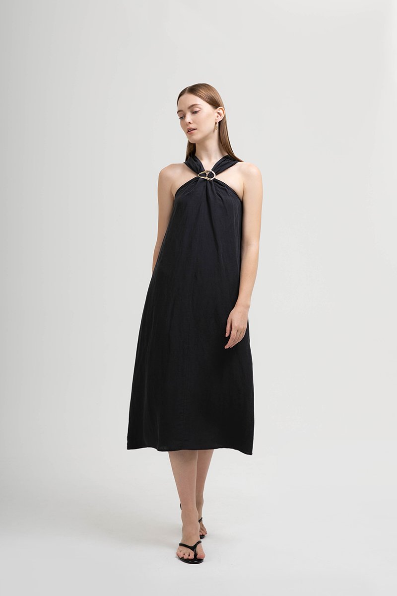 KATALINA LINEN MIDI DRESS W DETACHABLE BROOCH