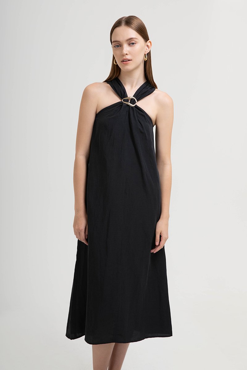 KATALINA LINEN MIDI DRESS W DETACHABLE BROOCH