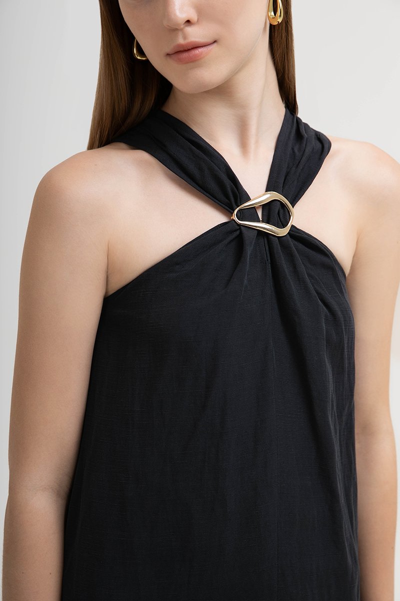 KATALINA LINEN MIDI DRESS W DETACHABLE BROOCH