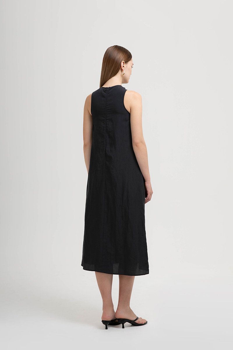 KATALINA LINEN MIDI DRESS W DETACHABLE BROOCH