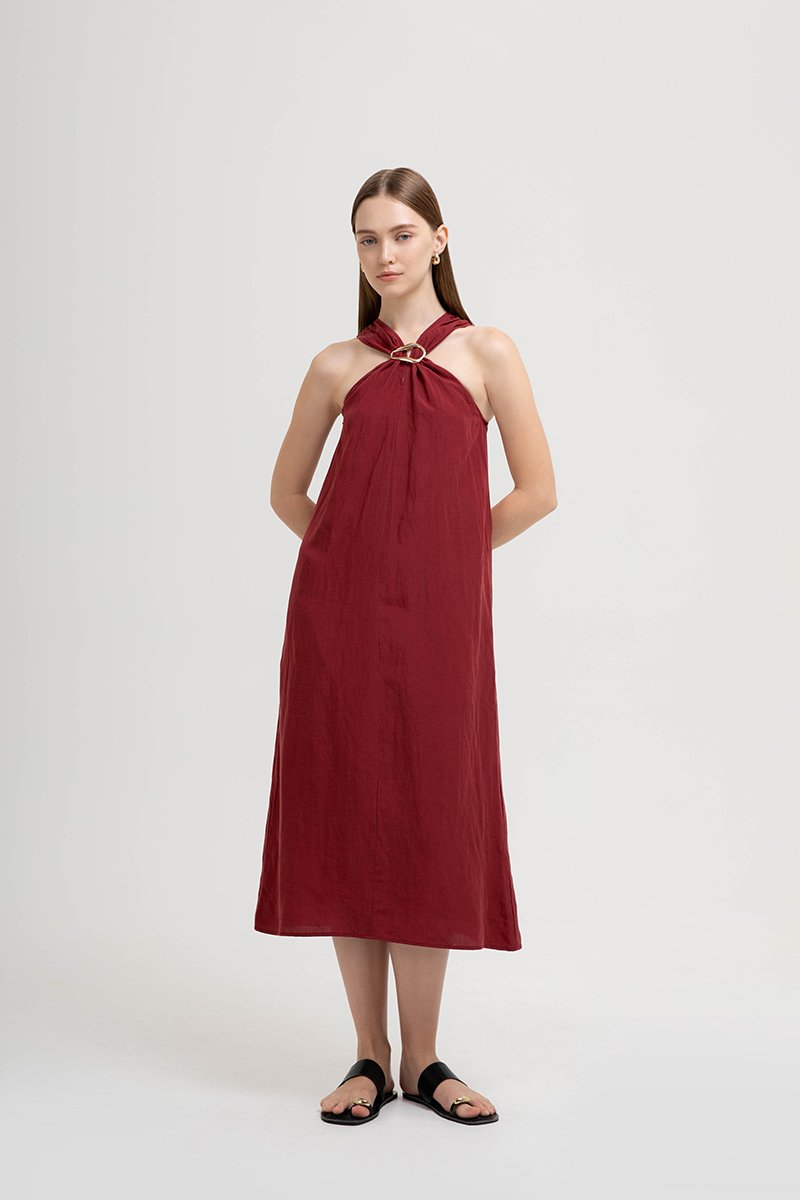 KATALINA LINEN MIDI DRESS W DETACHABLE BROOCH