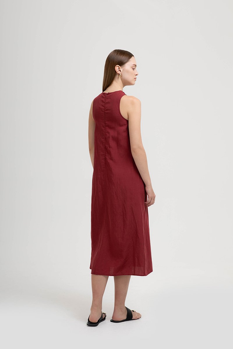 KATALINA LINEN MIDI DRESS W DETACHABLE BROOCH