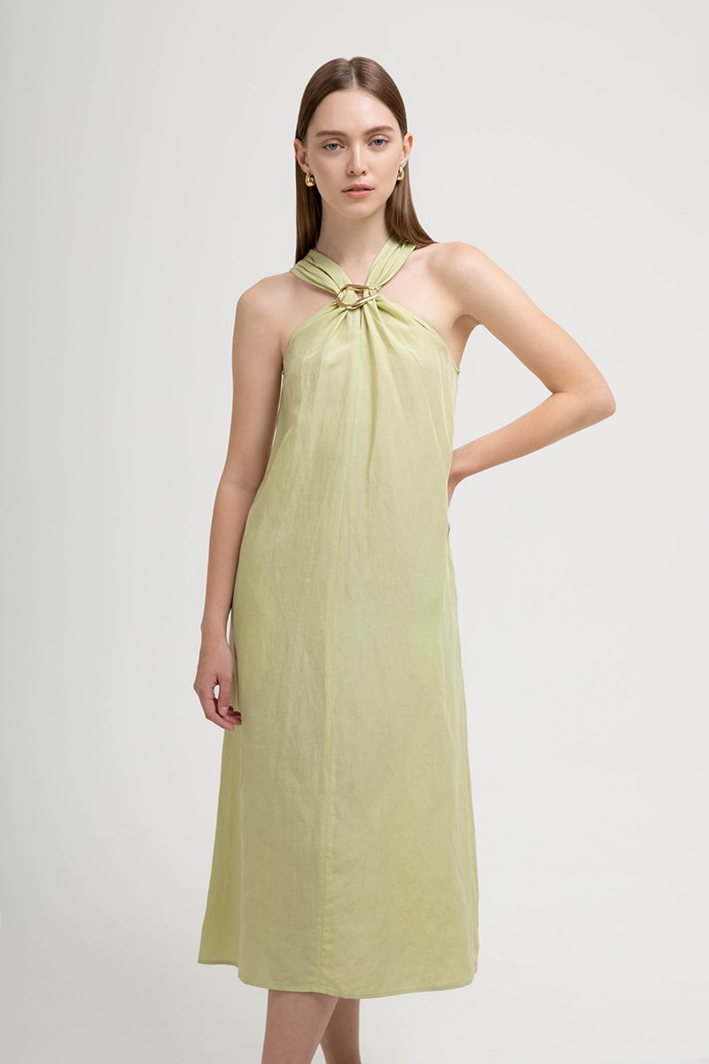 KATALINA LINEN MIDI DRESS W DETACHABLE BROOCH
