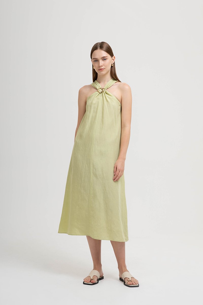 KATALINA LINEN MIDI DRESS W DETACHABLE BROOCH