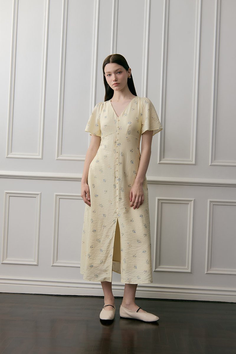 ANTHEA FLORAL PRINTED FLUTTER SLEEVES MIDI DRESS