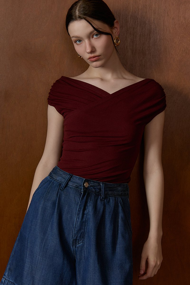 CAMILIA RUCHED OFF SHOULDER KNIT TOP