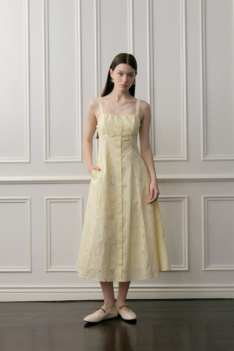 JADEY EYELET BUTTONDOWN MIDI DRESS