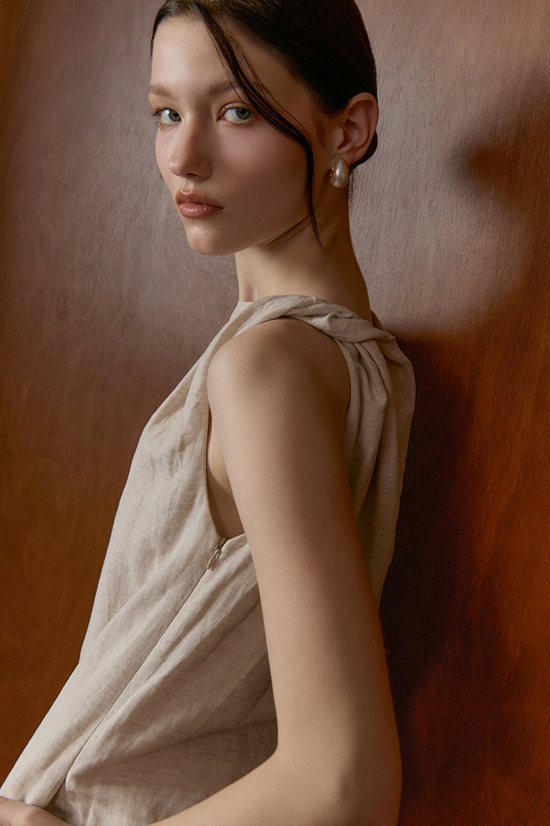 MISCHA TWIST SHOULDER LINEN DRESS