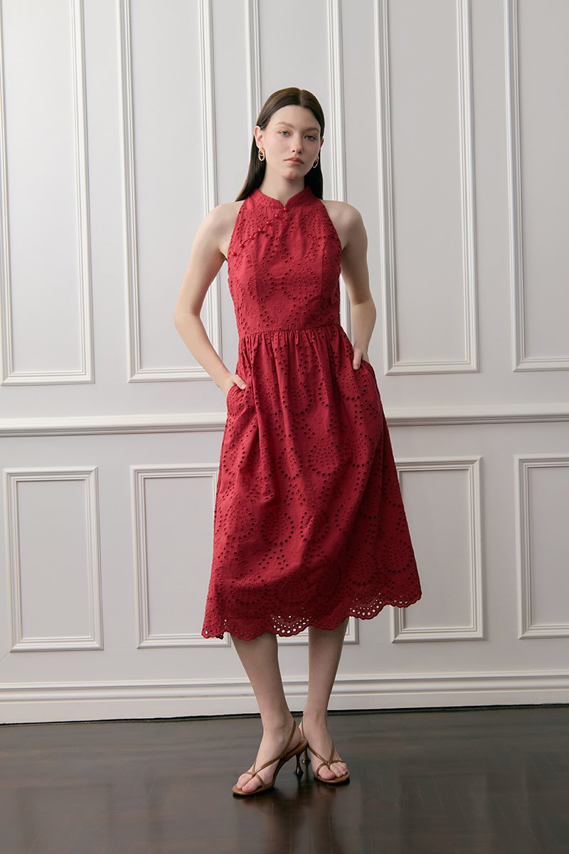 SOFIA EYELET CHEONGSAM MIDI DRESS