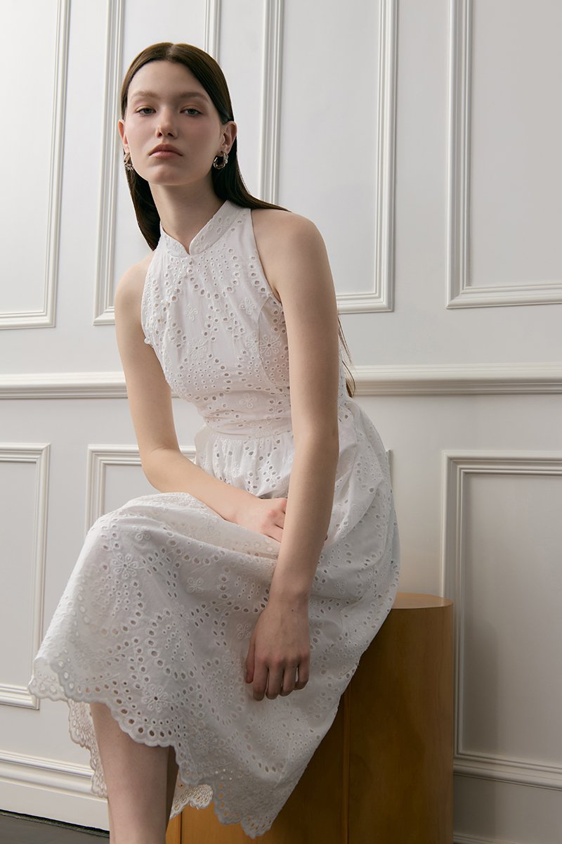 SOFIA EYELET CHEONGSAM MIDI DRESS
