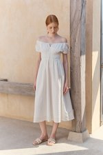 FLORETTE EYELET PUFF SLEEVES MIDI DRESS