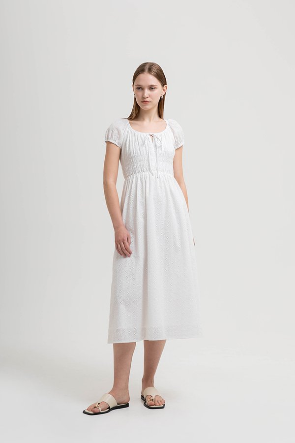 FLORETTE EYELET PUFF SLEEVES MIDI DRESS