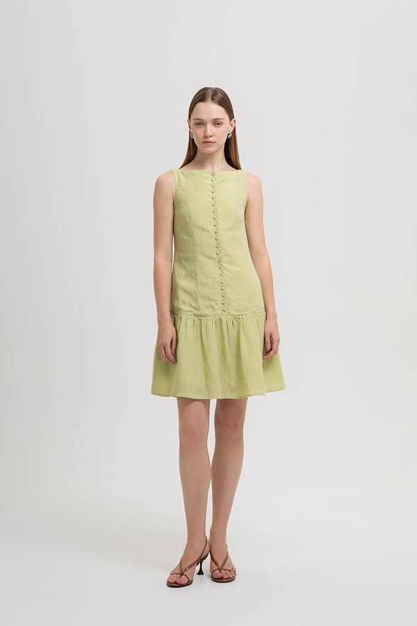 LIVIANA BUTTONDOWN DROPWAIST LINEN DRESS