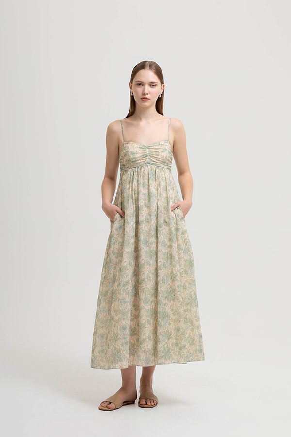 LAURA RUCHED PADDED FLORAL MAXI DRESS