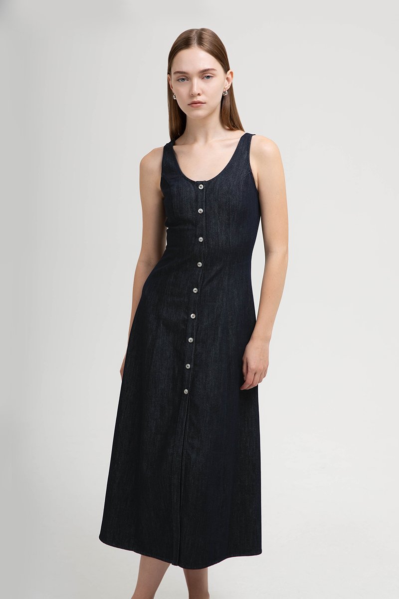 ARELLA BUTTON DOWN DENIM MIDI DRESS