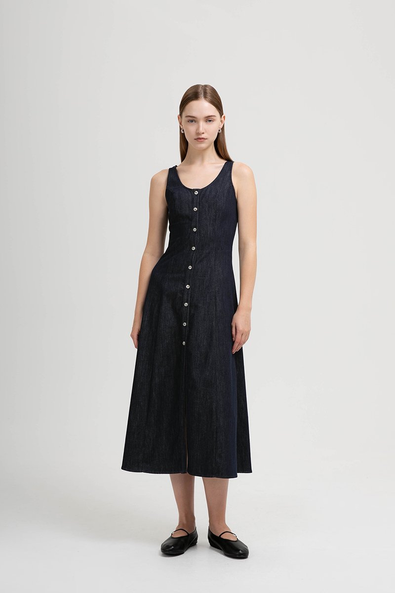 ARELLA BUTTON DOWN DENIM MIDI DRESS