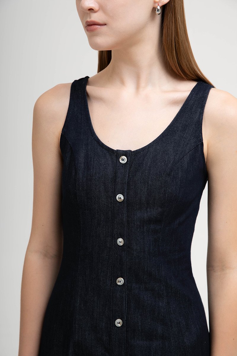 ARELLA BUTTON DOWN DENIM MIDI DRESS