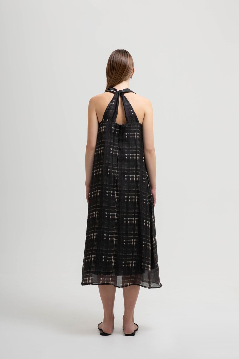 KRISTINE ABSTRACT PRINT HALTER MIDI DRESS W SASH