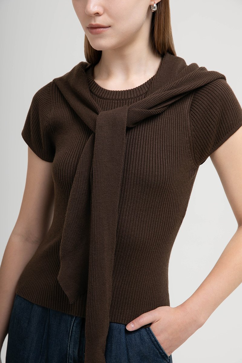 AMERSON RIBBED KNIT TOP W DETACHABLE SCARF
