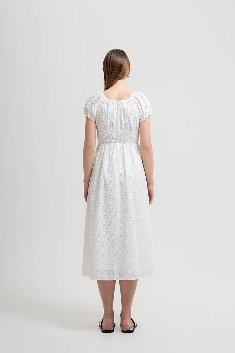 FLORETTE EYELET PUFF SLEEVES MIDI DRESS
