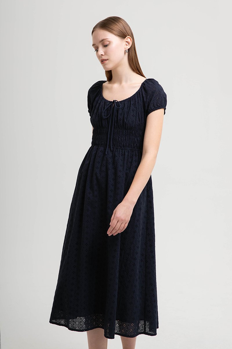 FLORETTE EYELET PUFF SLEEVES MIDI DRESS