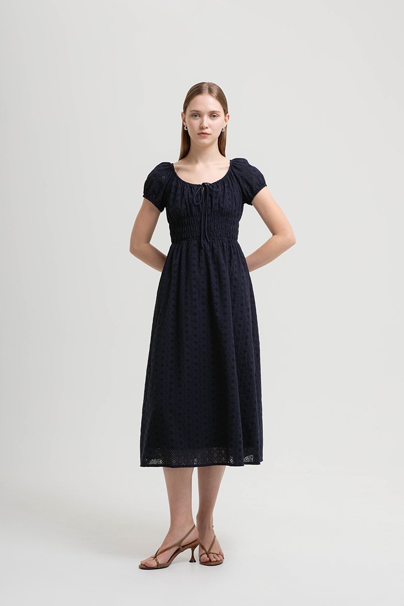 FLORETTE EYELET PUFF SLEEVES MIDI DRESS