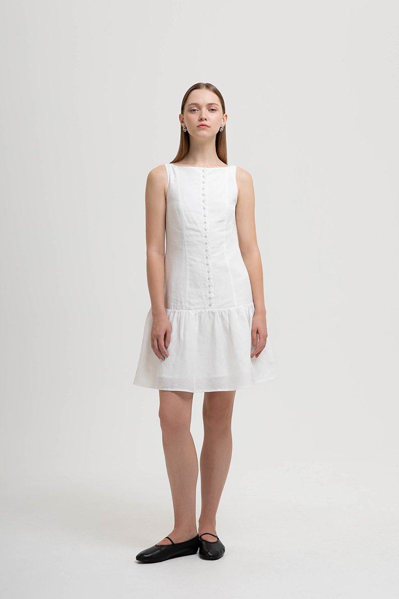 LIVIANA BUTTONDOWN DROPWAIST LINEN DRESS