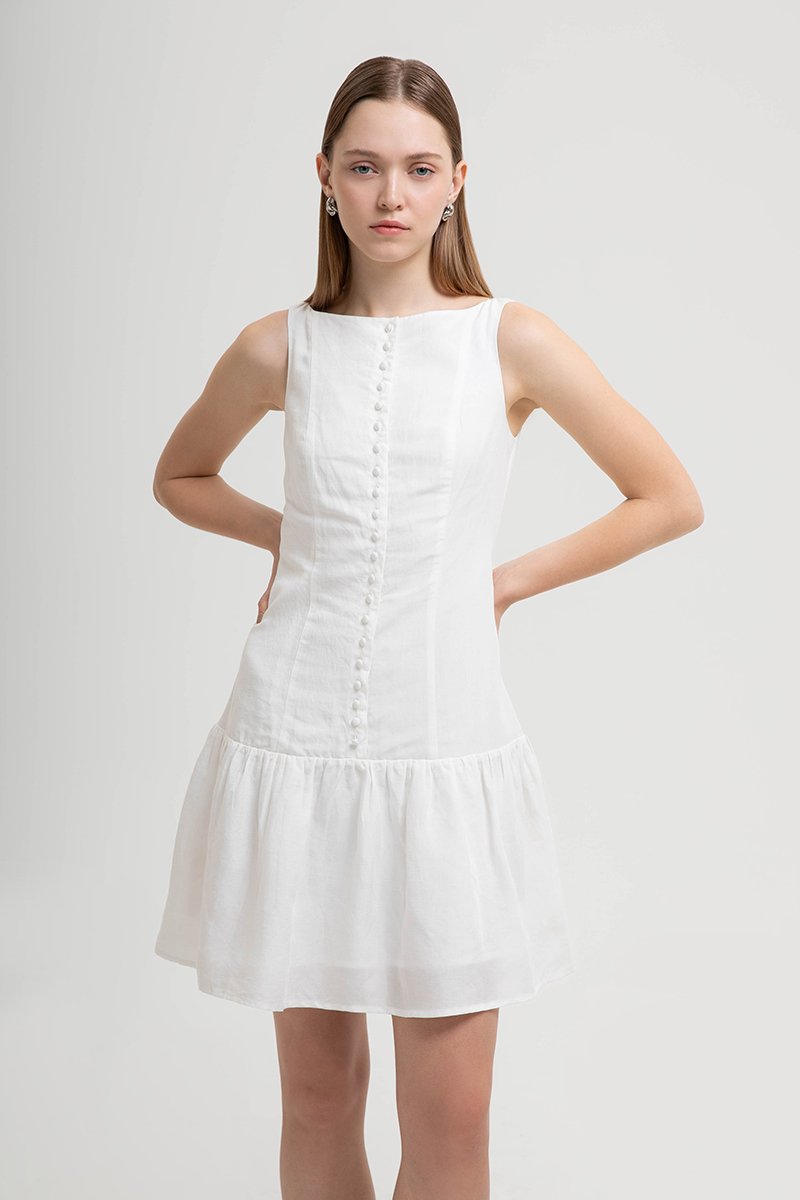 LIVIANA BUTTONDOWN DROPWAIST LINEN DRESS