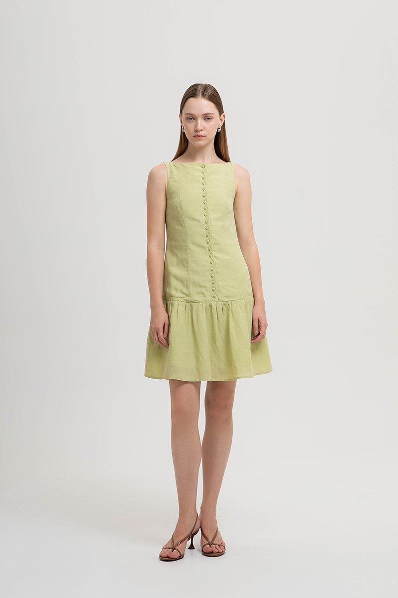 LIVIANA BUTTONDOWN DROPWAIST LINEN DRESS