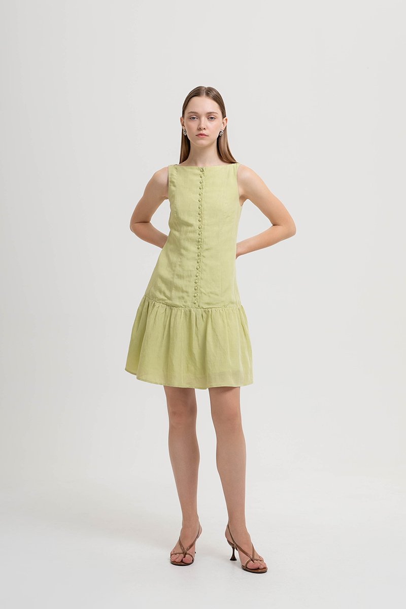 LIVIANA BUTTONDOWN DROPWAIST LINEN DRESS