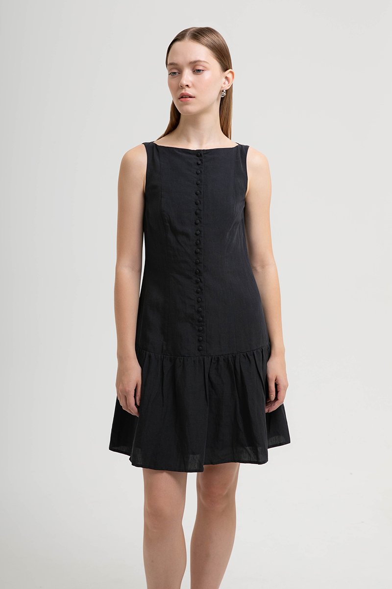 LIVIANA BUTTONDOWN DROPWAIST LINEN DRESS