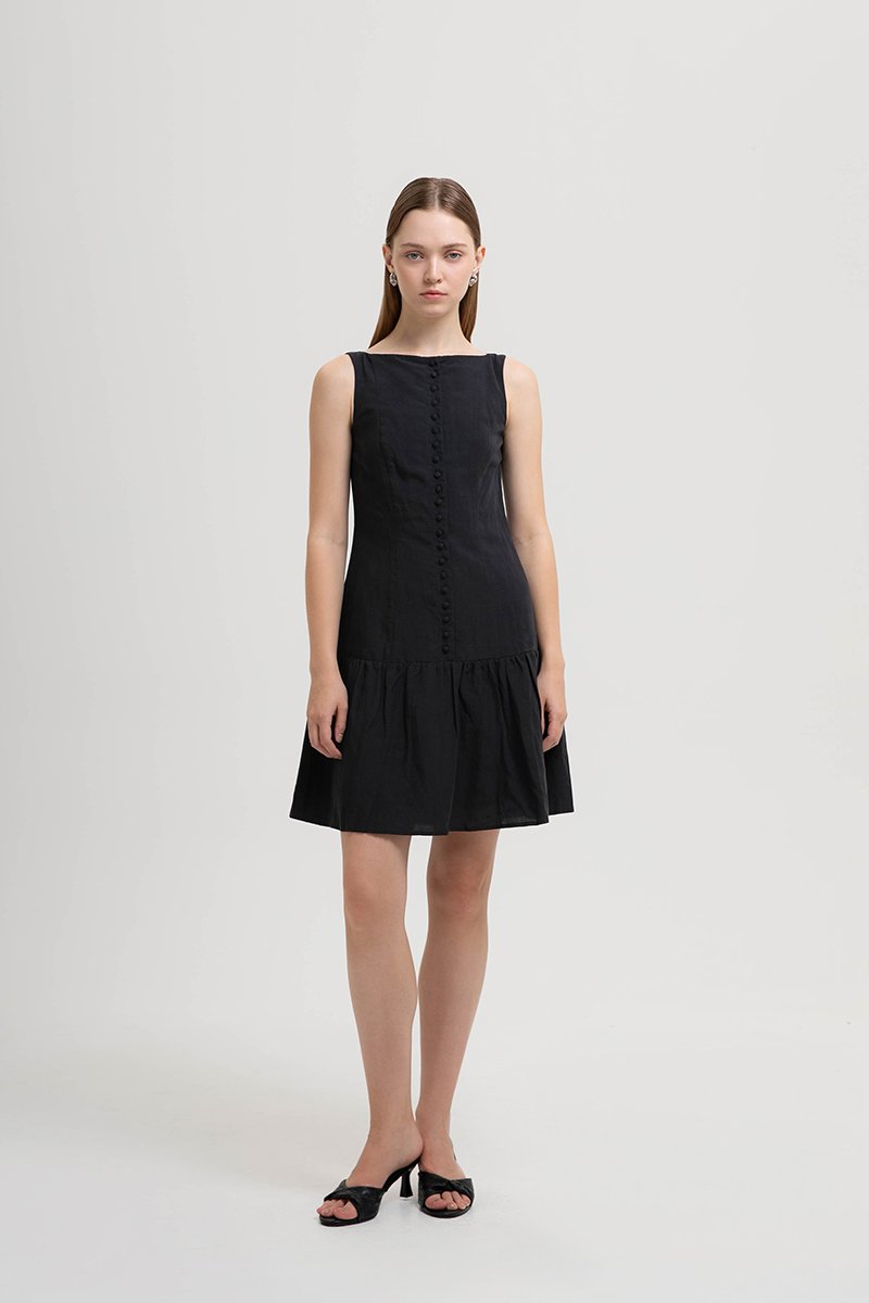 LIVIANA BUTTONDOWN DROPWAIST LINEN DRESS