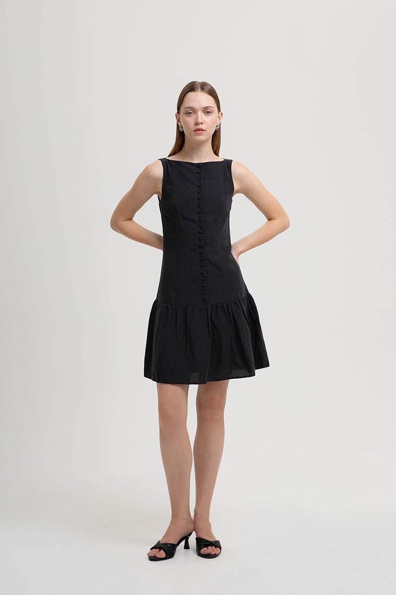 LIVIANA BUTTONDOWN DROPWAIST LINEN DRESS