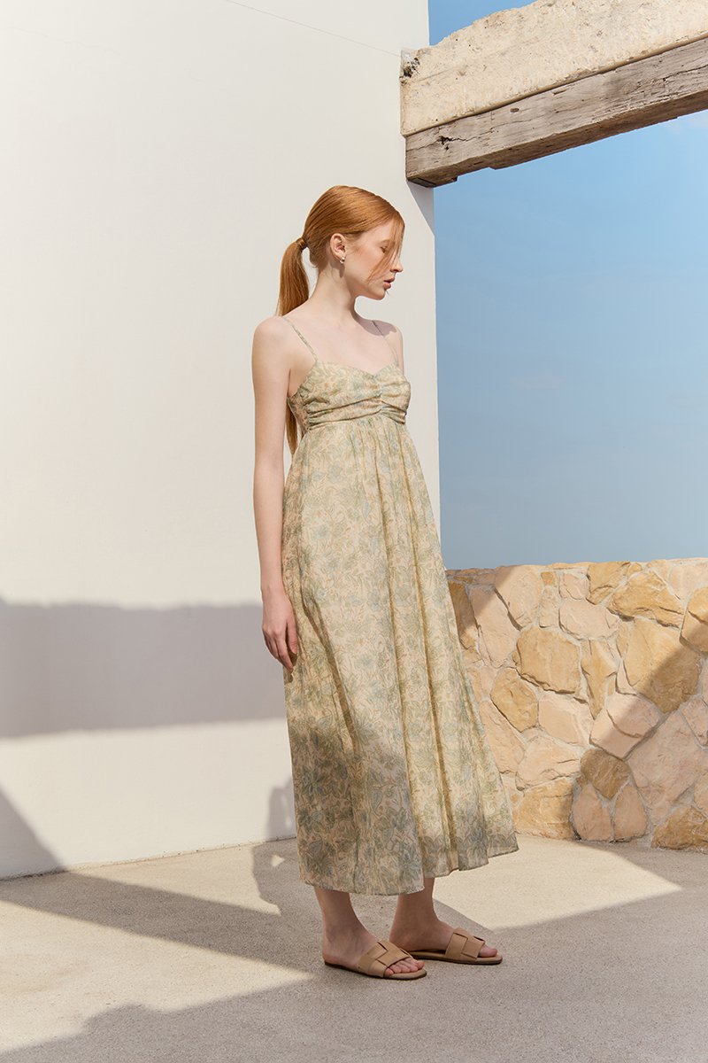 LAURA RUCHED PADDED FLORAL MAXI DRESS