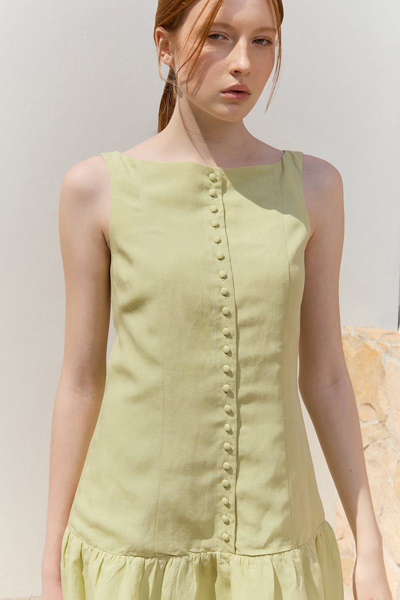 LIVIANA BUTTONDOWN DROPWAIST LINEN DRESS