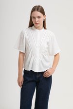KEIYA BUTTONDOWN LACE TRIM MUSLIN TOP