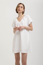 CHENTELLE PLEATED PUFF SLEEVES SHIFT LINEN DRESS