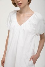 CHENTELLE PLEATED PUFF SLEEVES SHIFT LINEN DRESS