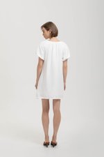 CHENTELLE PLEATED PUFF SLEEVES SHIFT LINEN DRESS