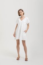 CHENTELLE PLEATED PUFF SLEEVES SHIFT LINEN DRESS