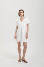 CHENTELLE PLEATED PUFF SLEEVES SHIFT LINEN DRESS
