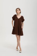 CHENTELLE PLEATED PUFF SLEEVES SHIFT LINEN DRESS