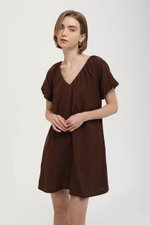 CHENTELLE PLEATED PUFF SLEEVES SHIFT LINEN DRESS