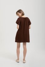 CHENTELLE PLEATED PUFF SLEEVES SHIFT LINEN DRESS