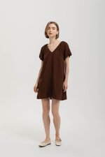 CHENTELLE PLEATED PUFF SLEEVES SHIFT LINEN DRESS