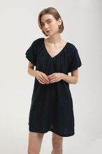 CHENTELLE PLEATED PUFF SLEEVES SHIFT LINEN DRESS