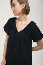 CHENTELLE PLEATED PUFF SLEEVES SHIFT LINEN DRESS