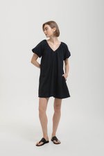 CHENTELLE PLEATED PUFF SLEEVES SHIFT LINEN DRESS