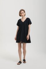 CHENTELLE PLEATED PUFF SLEEVES SHIFT LINEN DRESS